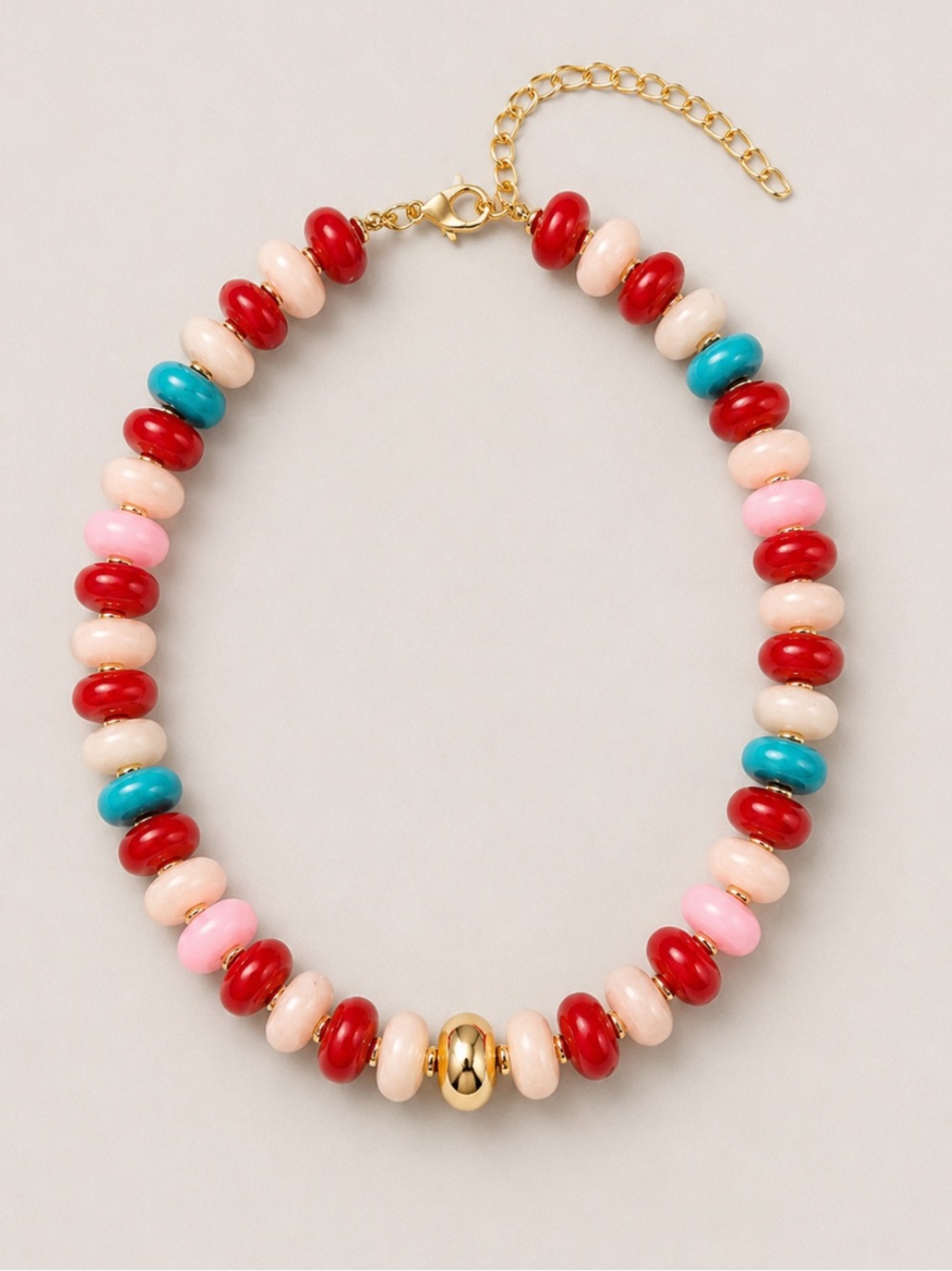 Gold-Accented Beaded Necklace in Red, Pink, Cream, Turquoise